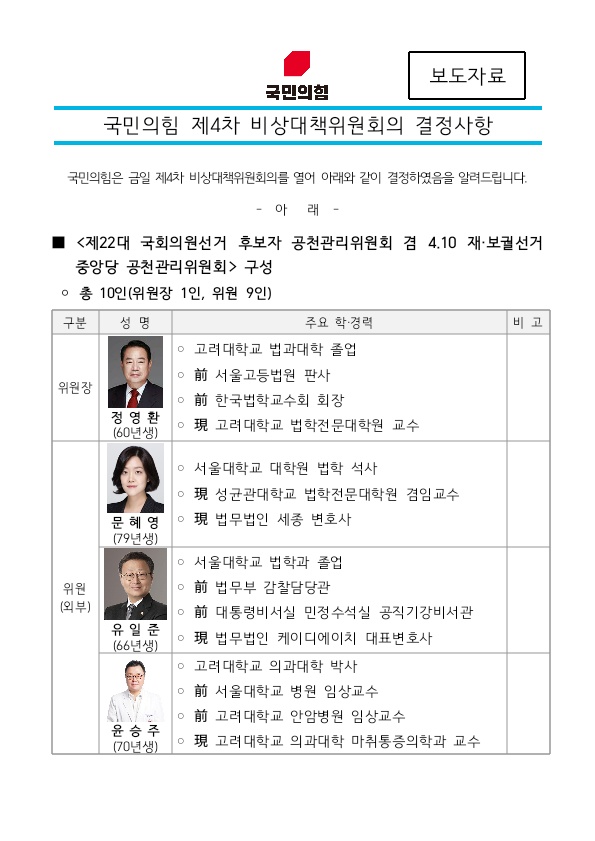 국민의힘 <b>공관</b>위원 발표  <b>정영환</b><b>위원장</b>  장동혁 ,이철규·이종성... 