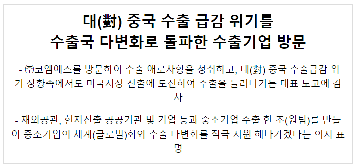 대(對)중국 수출 급감 위기를 수출국 다변화로 돌파한 수출기업 방문 대(對)중국 수출 급감 위기를 수출국 다변화로 돌파한 수출기업 방문