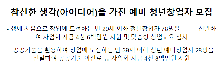 참신한 생각(아이디어)을 가진 예비 청년창업자 모집 참신한 생각(아이디어)을 가진 예비 청년창업자 모집