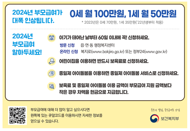 올해부터 부모급여 더 받는다…0세 월 100만 원, 1세 50만 원 올해부터 부모급여 더 받는다…0세 월 100만 원, 1세 50만 원