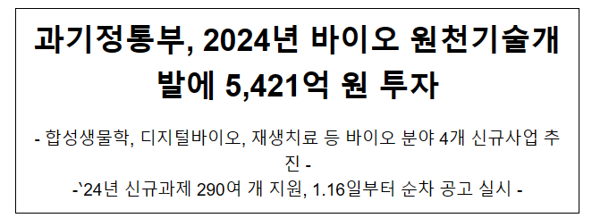 과기정통부, 2024년 첨단바이오원천기술개발에 5,421억 원 투자 과기정통부, 2024년 첨단바이오원천기술개발에 5,421억 원 투자