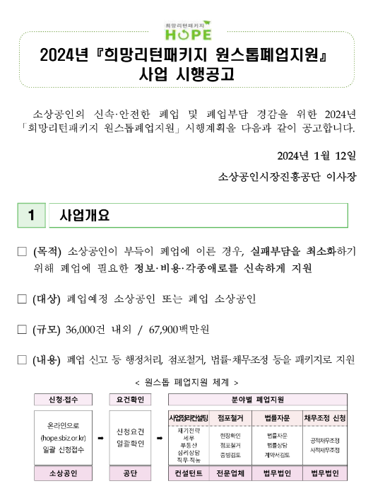 2024년 희망리턴패키지 원스톱폐업지원 사업 시행 공고 2024년 희망리턴패키지 원스톱폐업지원 사업 시행 공고