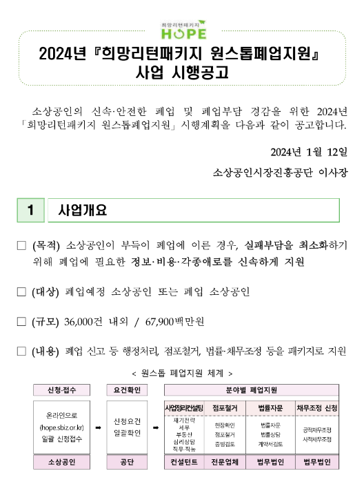 2024년 희망리턴패키지 원스톱폐업지원 사업 시행 공고