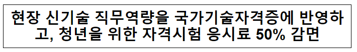 현장 신기술 직무역량을 국가기술자격증에 반영하고, 청년을 위한 자격시험 응시료 50% 감면 현장 신기술 직무역량을 국가기술자격증에 반영하고, 청년을 위한 자격시험 응시료 50% 감면