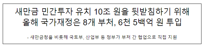 새만금 민간투자 유치 10조 원을 뒷받침하기 위해 올해 국가재정은 8개 부처, 6천 5백억 원 투입 새만금 민간투자 유치 10조 원을 뒷받침하기 위해 올해 국가재정은 8개 부처, 6천 5백억 원 투입