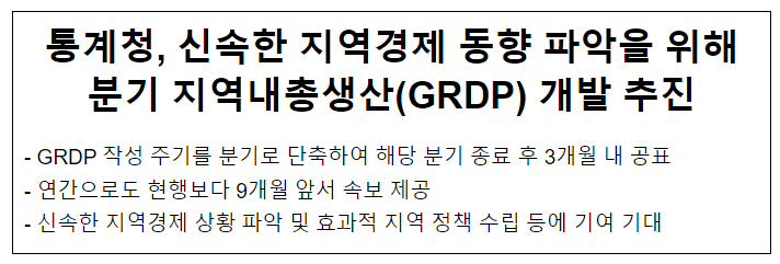 통계청, 신속한 지역경제 상황 파악을 위해 분기 지역내총생산(GRDP) 개발 추진