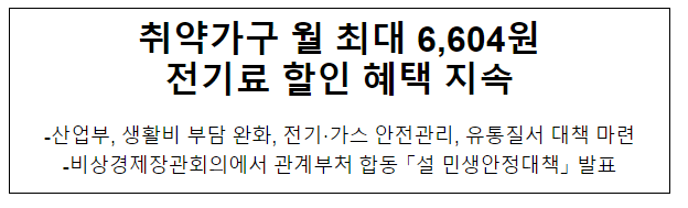 취약가구 월 최대 6,604원 전기료 할인 혜택 지속 취약가구 월 최대 6,604원 전기료 할인 혜택 지속