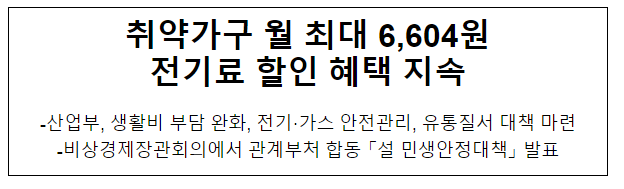 취약가구 월 최대 6,604원 전기료 할인 혜택 지속