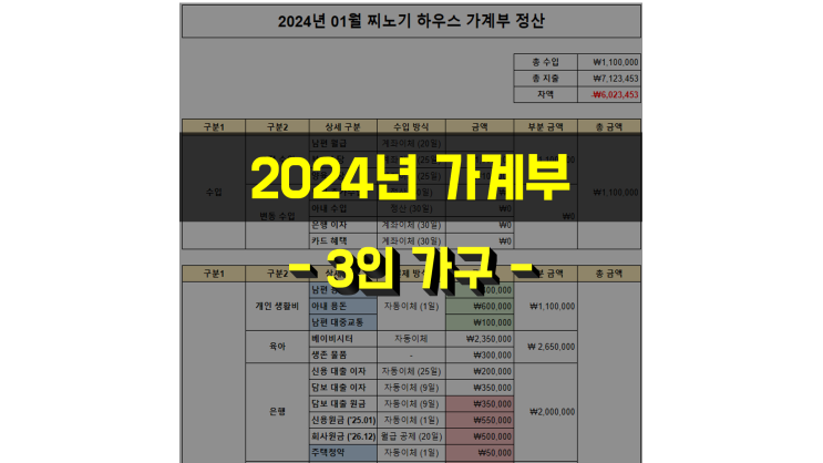  2024년 3인가구 가계부 양식 - 수입/지출 분석 (출산 및 육아)