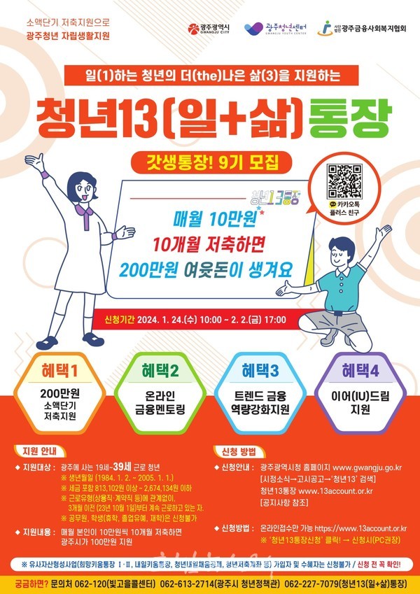  광주청년 자립생활지원, 청년13(일+삶)통장 9기 참여자 610명 모집