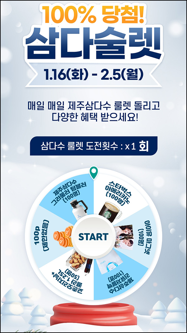 삼다수 룰렛이벤트(적립금 및 경품)즉당,전원~02.05 삼다수 룰렛이벤트(적립금 및 경품)즉당,전원~02.05