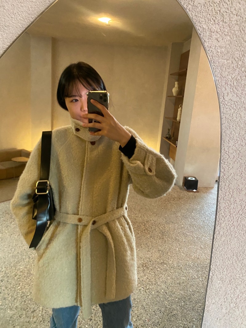 런던플랏 London flat 브루클린 알파카 부클 하프코트 올리브col 키큰여자 착샷 리얼리뷰