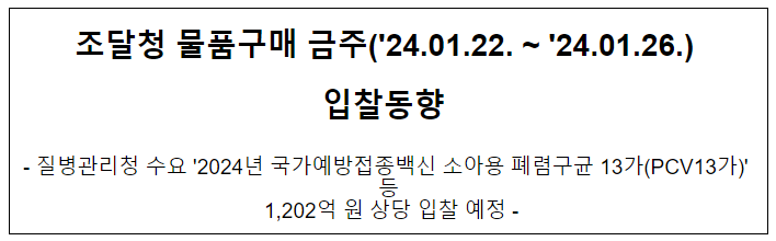조달청 물품구매 금주('24.01.22. ~ '24.01.26.) 입찰동향 조달청 물품구매 금주('24.01.22. ~ '24.01.26.) 입찰동향