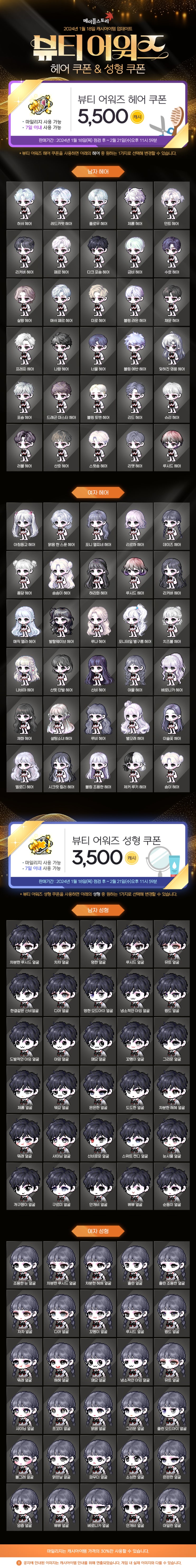  1월 18일 캐시아이템 업데이트 - 뷰티 어워즈 헤어 쿠폰&성형 쿠폰