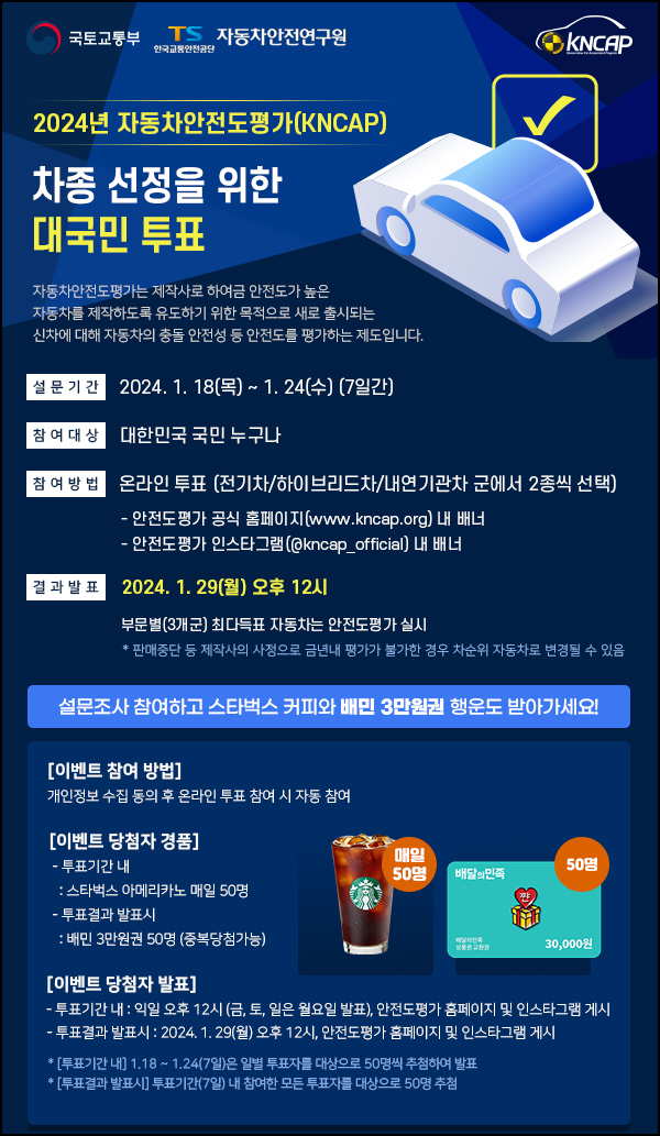 자동차안전도평가 투표이벤트(스벅등 총400명)추첨~01.24