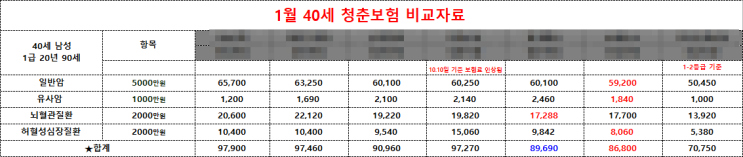  2024년 1월 40대 가성비 청춘 종합보험 40세 남자 여자 추천설계안
