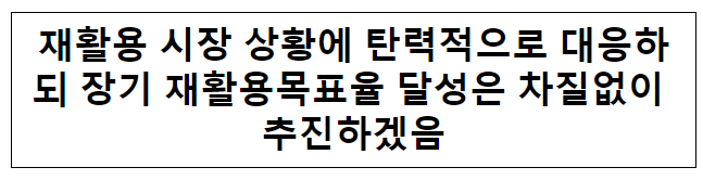 재활용 시장 상황에 탄력적으로 대응하되 장기 재활용목표율 달성은 차질없이 추진하겠음 재활용 시장 상황에 탄력적으로 대응하되 장기 재활용목표율 달성은 차질없이 추진하겠음