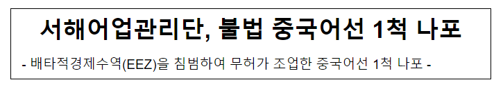 서해어업관리단, 불법 중국어선 1척 나포