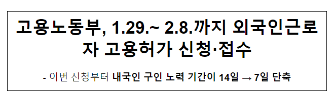 고용노동부, 1.29.~ 2.8.까지 외국인근로자 고용허가 신청·접수 고용노동부, 1.29.~ 2.8.까지 외국인근로자 고용허가 신청·접수