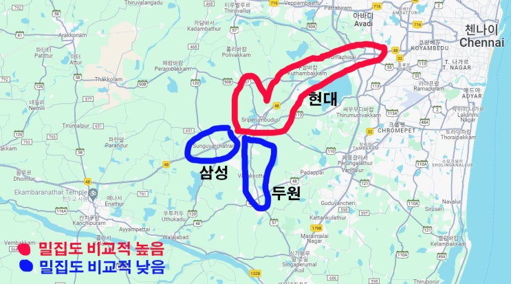 (인디샘 컨설팅) 인도 첸나이 스리페룸부두르(Sriperumbudur) 인근 한국기업/SIPCOT 분포도