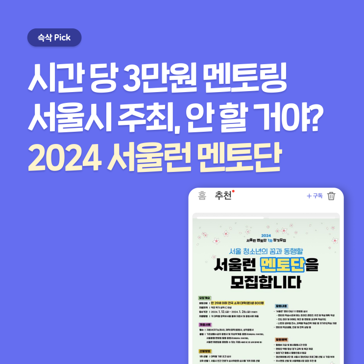  시간 당 3만원 서울시 멘토링, 2024 서울런 멘토단 모집