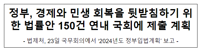정부, 경제와 민생 회복을 뒷받침하기 위한 법률안 150건 연내 국회에 제출 계획 정부, 경제와 민생 회복을 뒷받침하기 위한 법률안 150건 연내 국회에 제출 계획