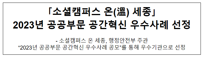 「소셜캠퍼스 온(溫) 세종」 2023년 공공부문 공간혁신 우수사례 선정 「소셜캠퍼스 온(溫) 세종」 2023년 공공부문 공간혁신 우수사례 선정