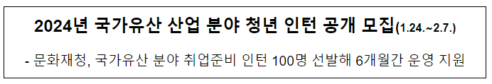 2024년 국가유산 산업 분야 청년 인턴 공개 모집(1.24.∼2.7.) 2024년 국가유산 산업 분야 청년 인턴 공개 모집(1.24.∼2.7.)