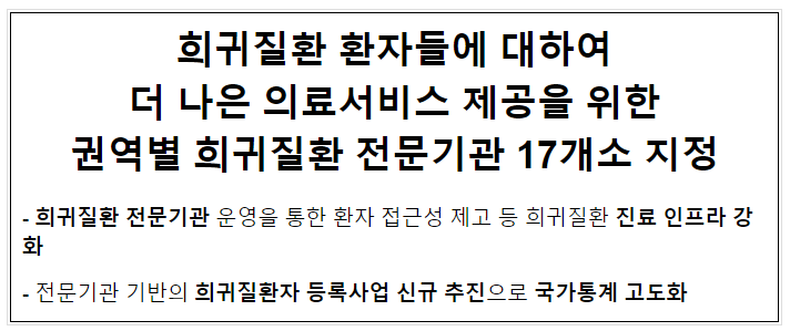 희귀질환 환자들에 대하여 더 나은 의료서비스 제공을 위한 권역별 희귀질환 전문기관 17개소 지정