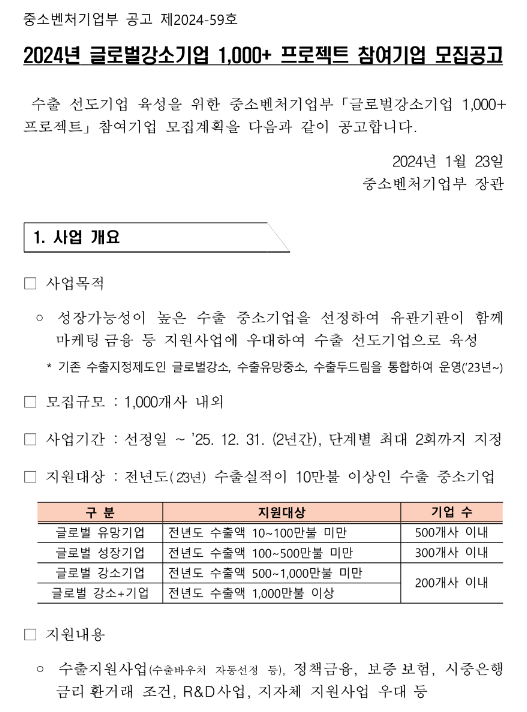 2024년 글로벌강소기업 1,000+ 프로젝트 참여기업 모집 공고 2024년 글로벌강소기업 1,000+ 프로젝트 참여기업 모집 공고