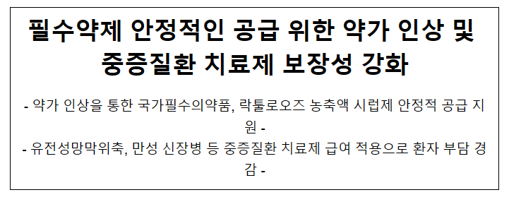 필수약제 안정적인 공급 위한 약가 인상 및 중증질환 치료제 보장성 강화 필수약제 안정적인 공급 위한 약가 인상 및 중증질환 치료제 보장성 강화