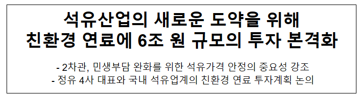 석유산업의 새로운 도약을 위해 친환경 연료에 6조 원 규모의 투자 본격화 석유산업의 새로운 도약을 위해 친환경 연료에 6조 원 규모의 투자 본격화