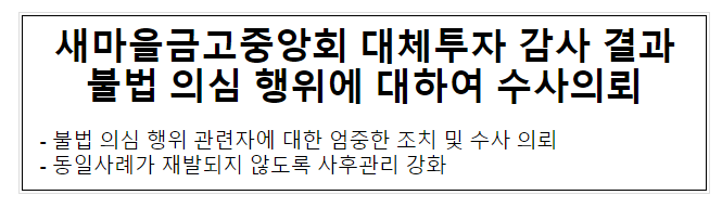 새마을금고중앙회 대체투자 감사 결과 불법 의심 행위에 대하여 수사의뢰