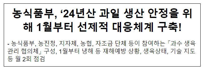 농식품부, ’24년산 과일 생산 안정을 위해 1월부터 선제적 대응체계 구축! 농식품부, ’24년산 과일 생산 안정을 위해 1월부터 선제적 대응체계 구축!