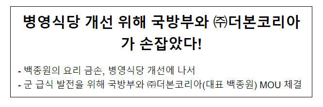 병영식당 개선 위해 국방부와 더본코리아가 손잡았다! 병영식당 개선 위해 국방부와 더본코리아가 손잡았다!