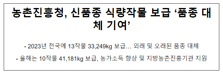 농촌진흥청, 신품종 식량작물 보급 ‘품종 대체 기여’ 농촌진흥청, 신품종 식량작물 보급 ‘품종 대체 기여’