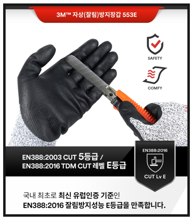  최신 유럽인증 EN388:2016 E등급을 만족하는 자상방지 (잘림방지) 장갑 3M 553E 런칭!