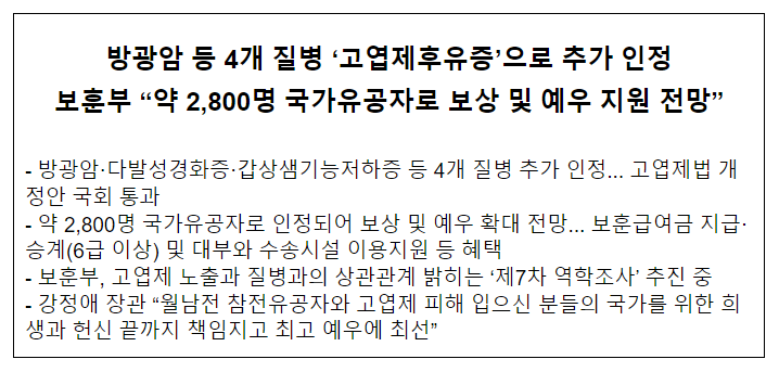 방광암 등 4개 질병 ‘고엽제후유증’으로 추가 인정, 보훈부 “약 2,800명 국가유공자로 보상 및 예우 지원 전망” 방광암 등 4개 질병 ‘고엽제후유증’으로 추가 인정, 보훈부 “약 2,800명 국가유공자로 보상 및 예우 지원 전망”