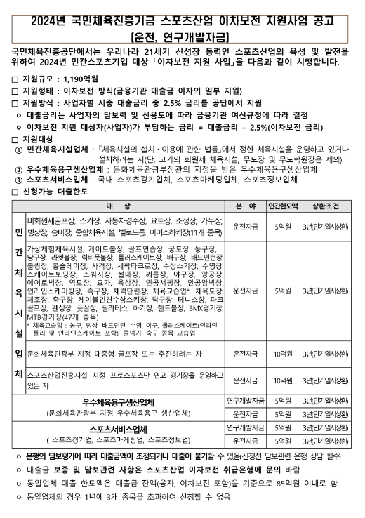 2024년 2차 국민체육진흥기금(운전ㆍ연구개발자금) 스포츠산업 이차보전 지원사업 공고 2024년 2차 국민체육진흥기금(운전ㆍ연구개발자금) 스포츠산업 이차보전 지원사업 공고