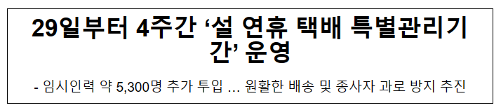 29일부터 4주간 ‘설 연휴 택배 특별관리기간’ 운영 29일부터 4주간 ‘설 연휴 택배 특별관리기간’ 운영
