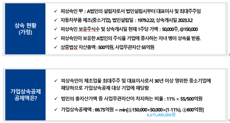  가업상속공제를 적용했을 경우 상속세  계산 (법인기업)
