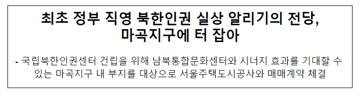 최초 정부 직영 북한인권 실상 알리기의 전당, 마곡지구에 터 잡아