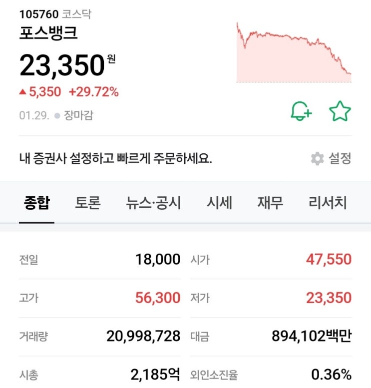 포스뱅크 상장 (코스닥) - 최고수익 213% - 하나증권