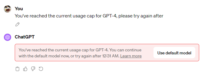 [ChatGPT] You've reached the current usage cap for GPT-4, please try again after