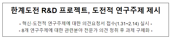 한계도전 R&D 프로젝트, 혁신·도전적 연구주제에 대한 의견요청서 접수 실시 한계도전 R&D 프로젝트, 혁신·도전적 연구주제에 대한 의견요청서 접수 실시