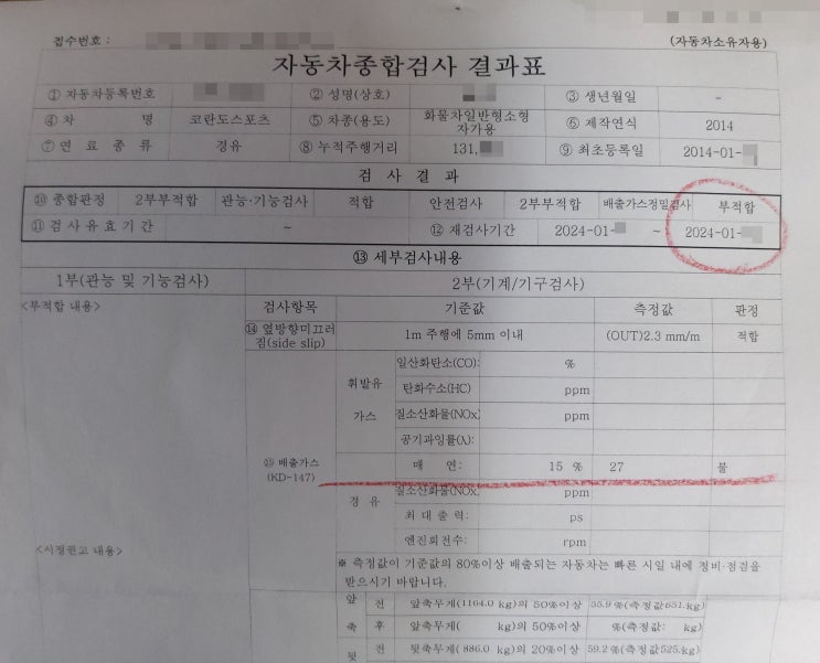 쌍용 코란도스포츠 자동차 정기검사 예약 후 불합격27%. 부품교체 없이 9% 재검사 합격