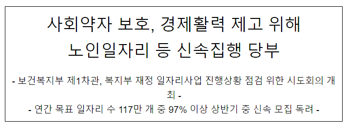 사회약자 보호, 경제활력 제고 위해 노인일자리 등 신속집행 당부 사회약자 보호, 경제활력 제고 위해 노인일자리 등 신속집행 당부