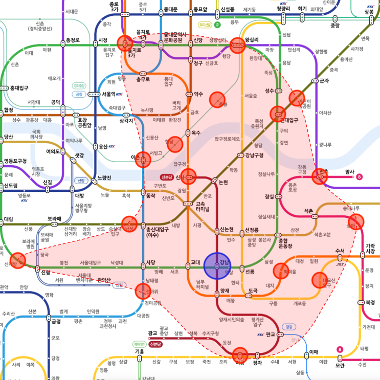 강남역까지 20분 만에 갈 수 있는 지하철역 정리