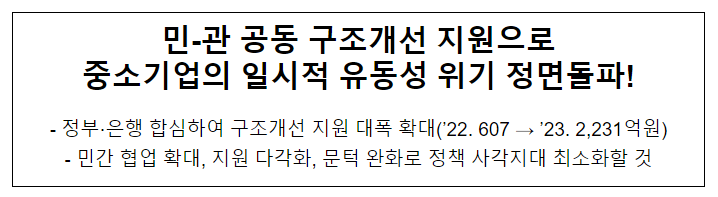 민-관 공동 구조개선 지원으로 중소기업의 일시적 유동성 위기 정면돌파! 민-관 공동 구조개선 지원으로 중소기업의 일시적 유동성 위기 정면돌파!