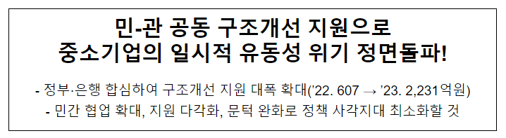 민-관 공동 구조개선 지원으로 중소기업의 일시적 유동성 위기 정면돌파!